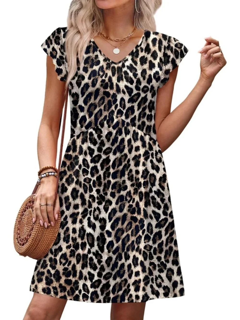 Women's Brown Leopard Ruffle Sleeve Baby Doll V Neck Imported Causal Dress